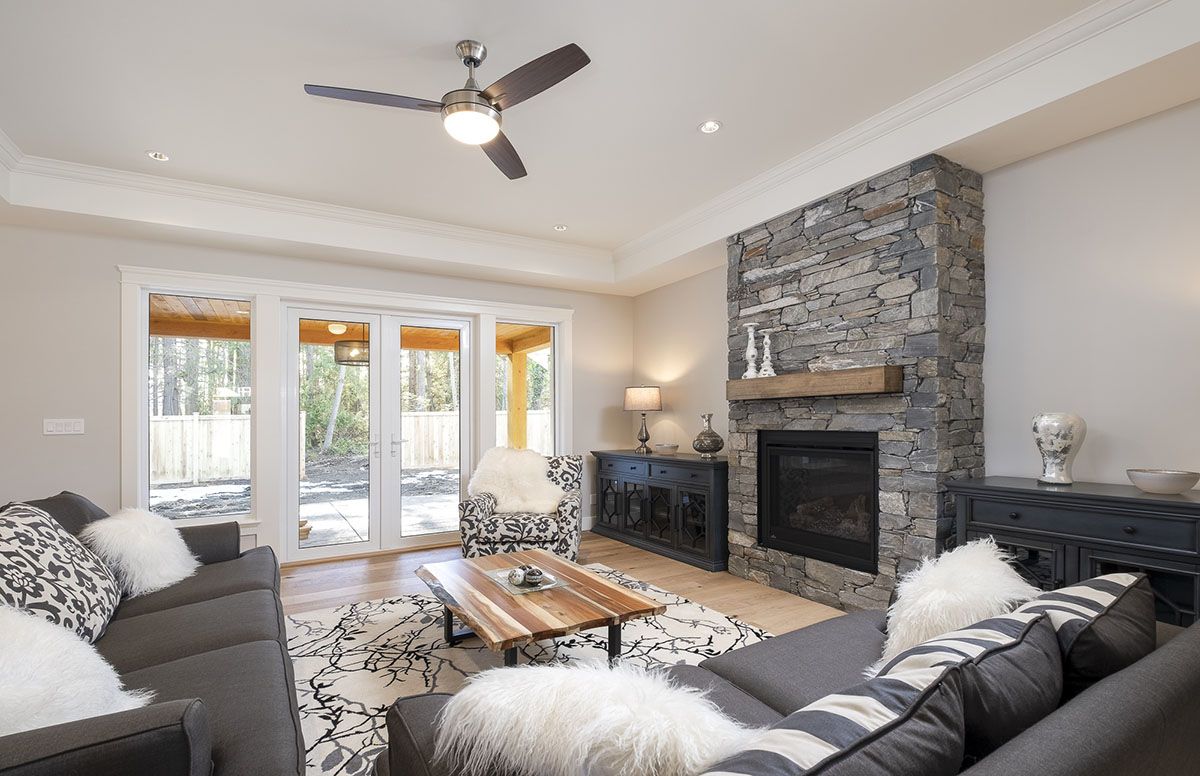 Living room with large fireplace